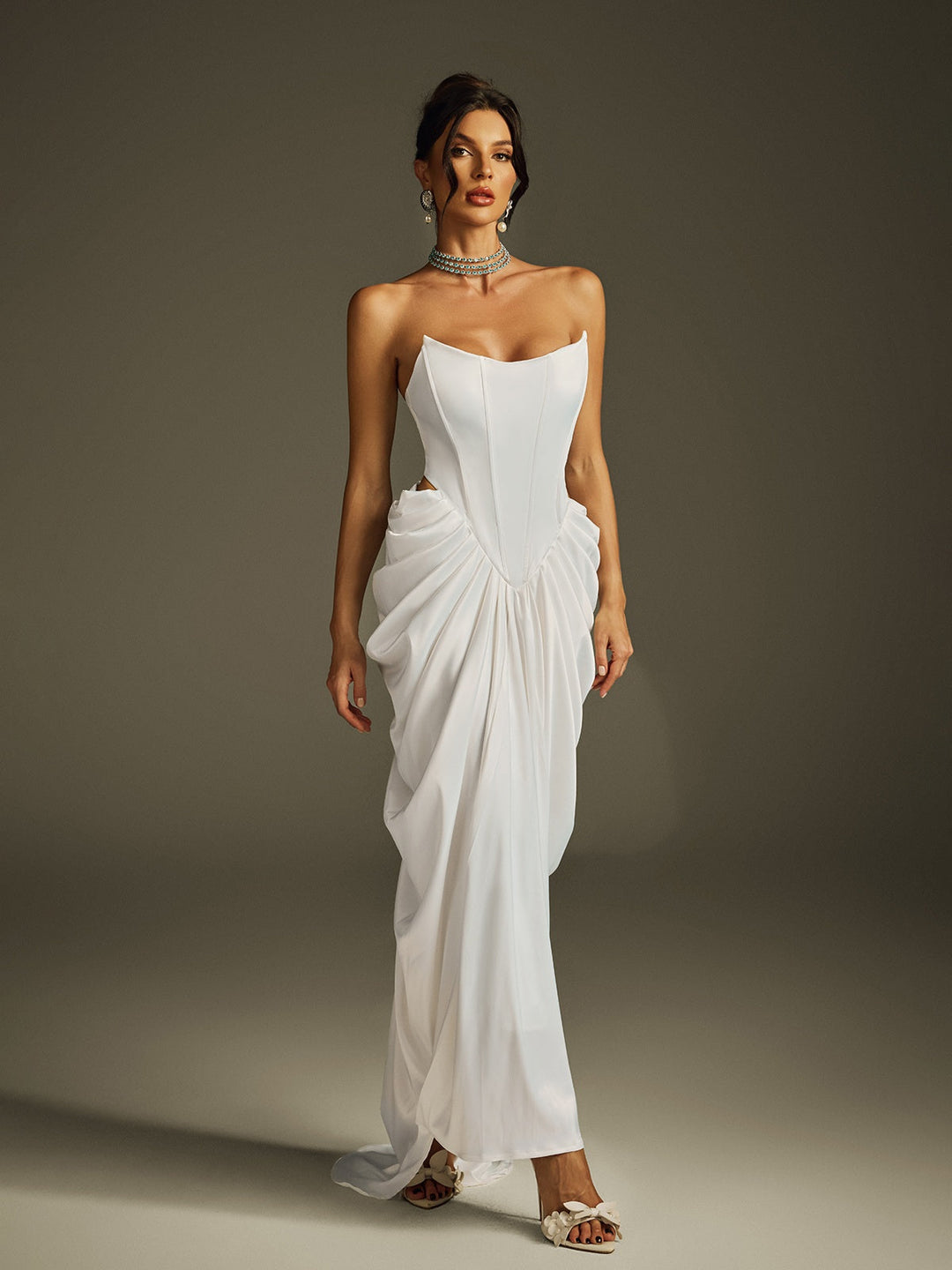 Hryon Strapless Corset Satin Maxi Dress