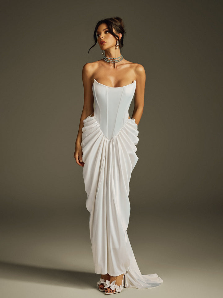 Hryon Strapless Corset Satin Maxi Dress