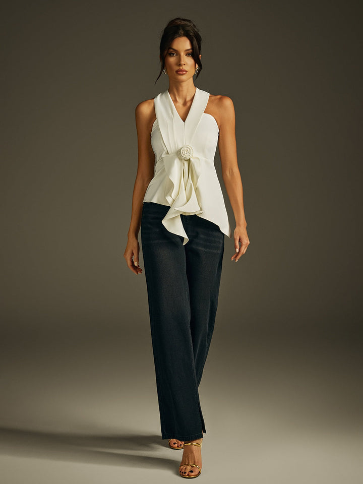 Top z kwiatowym dekoltem typu halter Izzar 