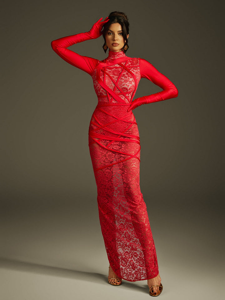 Jeyra Lace Split Maxi Dress With Gloves