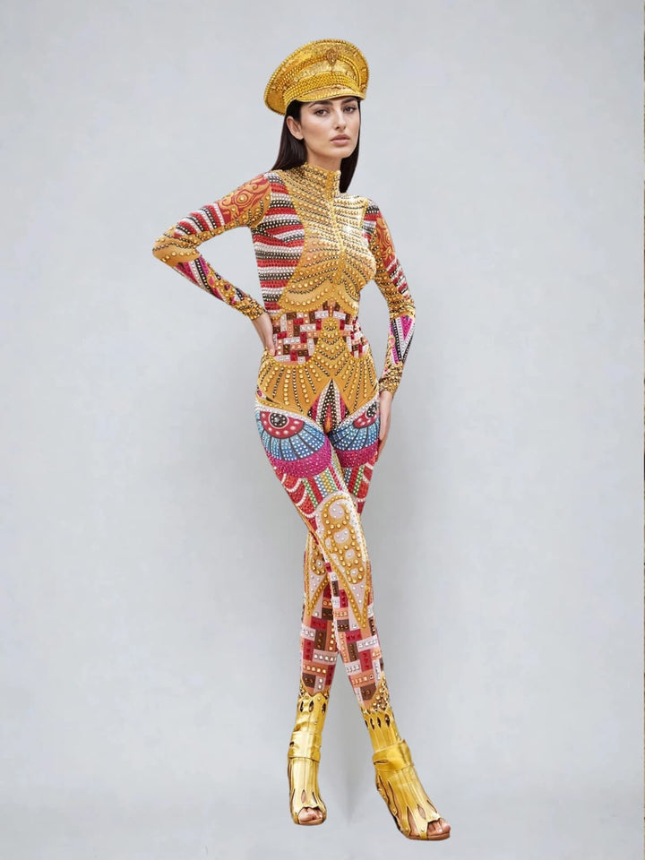 Mazra Long Sleeve Printed Embellished Jumpsuit