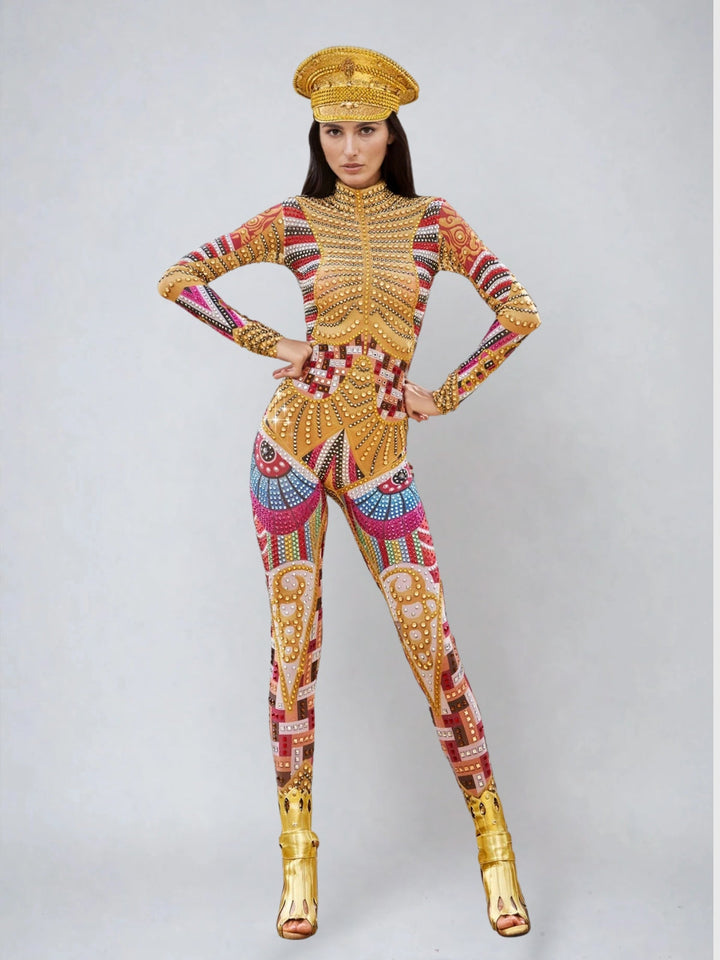 Mazra Long Sleeve Printed Embellished Jumpsuit