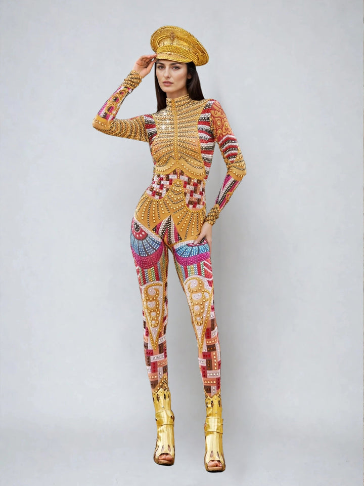 Mazra Long Sleeve Printed Embellished Jumpsuit
