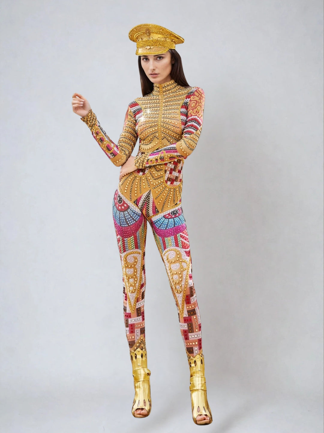 Mazra Long Sleeve Printed Embellished Jumpsuit
