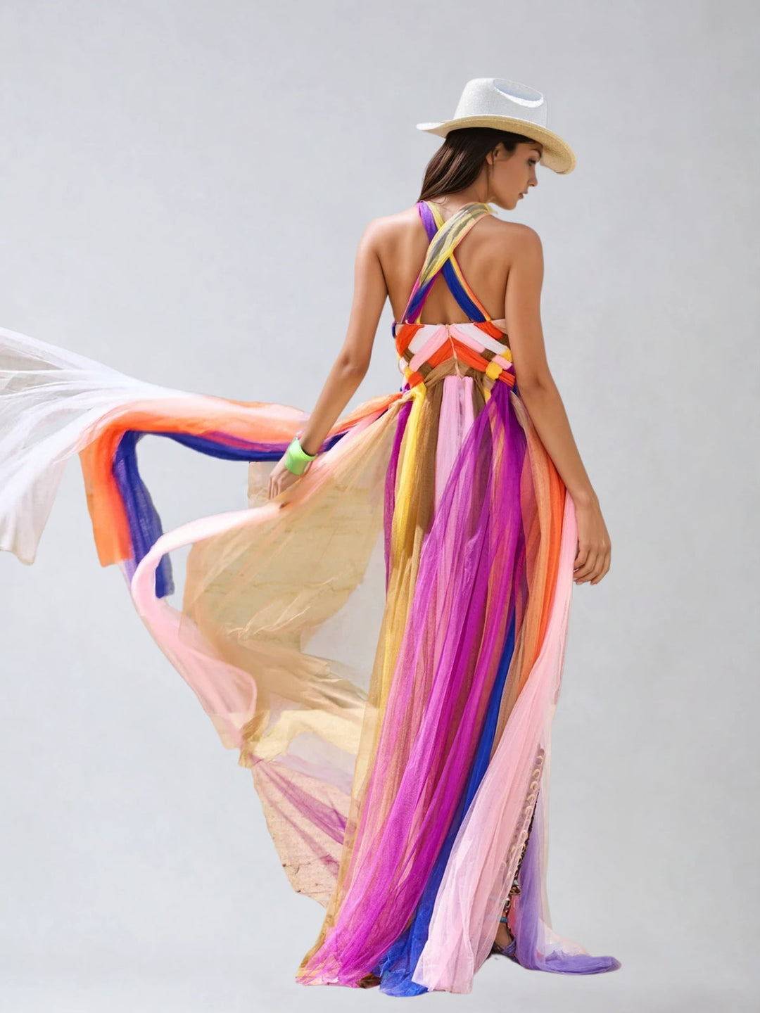 Meyren Backless Weave Mesh Maxi Dress