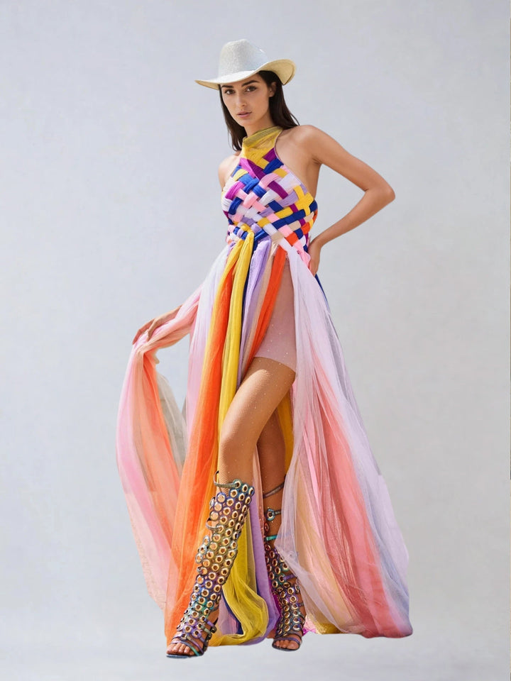 Meyren Backless Weave Mesh Maxi Dress