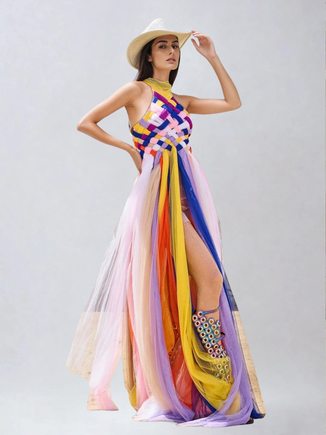 Meyren Backless Weave Mesh Maxi Dress