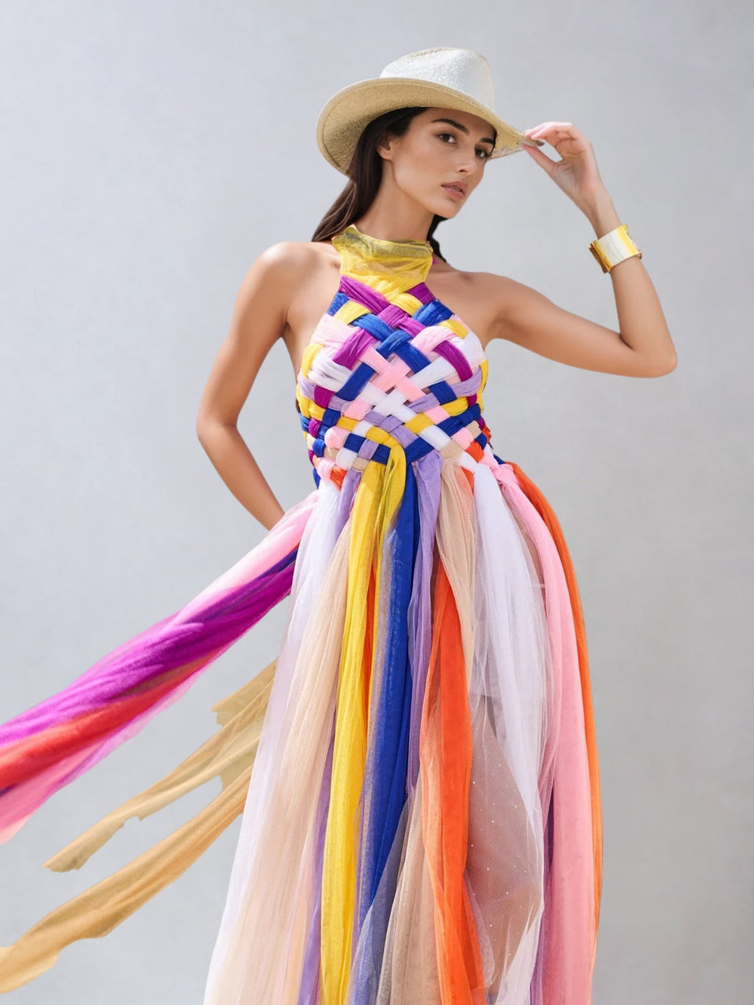 Meyren Backless Weave Mesh Maxi Dress