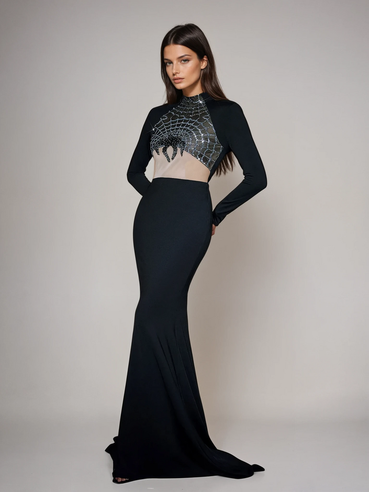 Mikki Long Sleeve Sequin Cobweb Maxi Dress