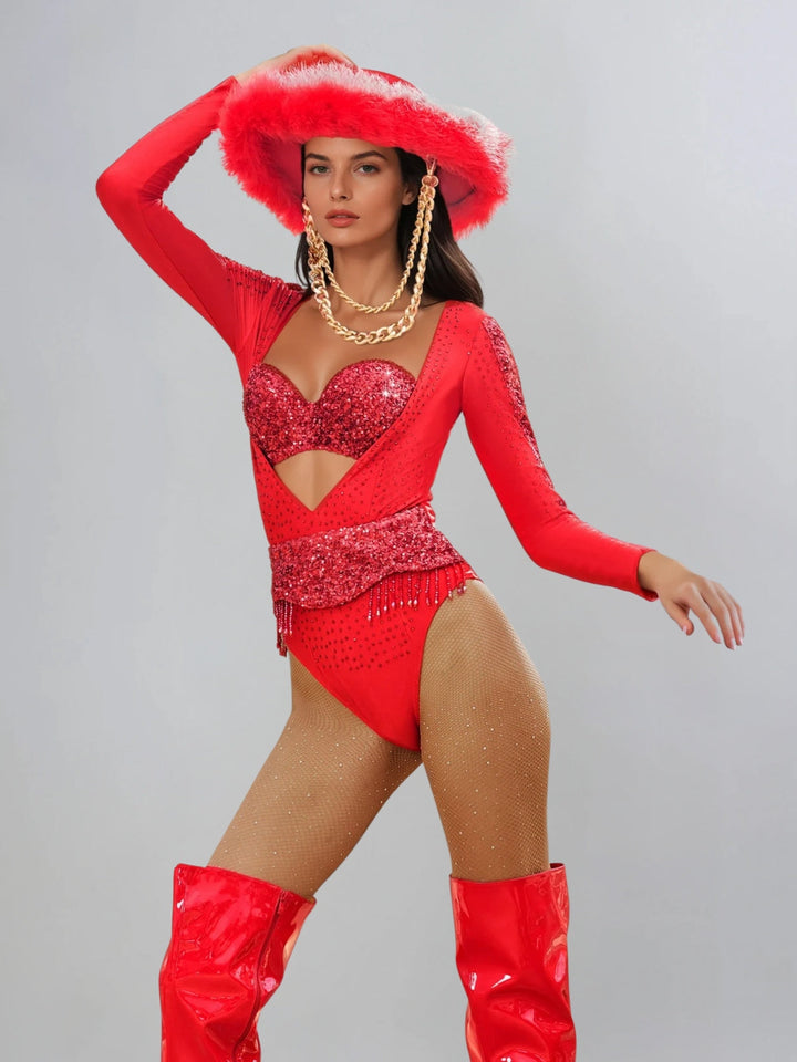 Myren Long Sleeve Rhinestone Cutout Bodysuit