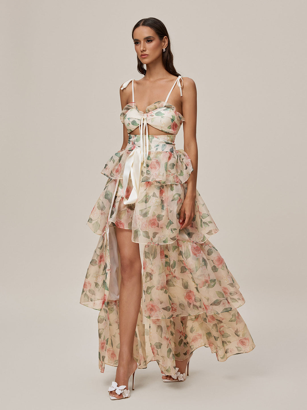 Nalima Floral Printed Skirt Set In Apricot