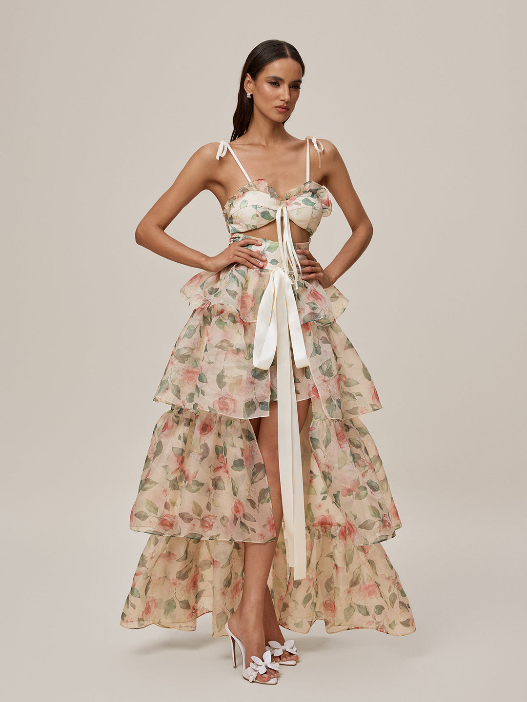 Nalima Floral Printed Skirt Set In Apricot