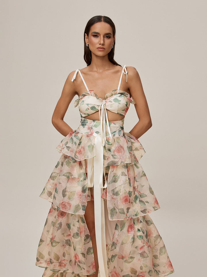 Nalima Floral Printed Skirt Set In Apricot