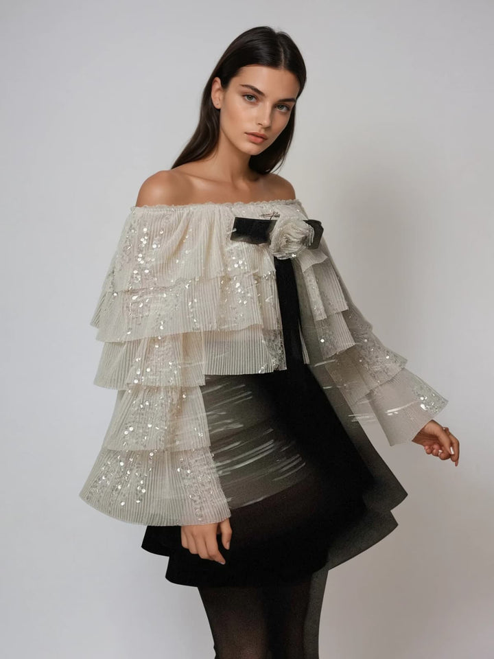 Nyrixon Off Shoulder Sequin Velvet Skirt Set