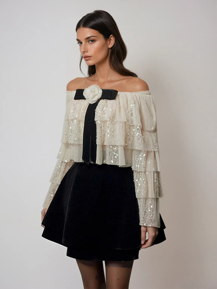 Nyrixon Off Shoulder Sequin Velvet Skirt Set