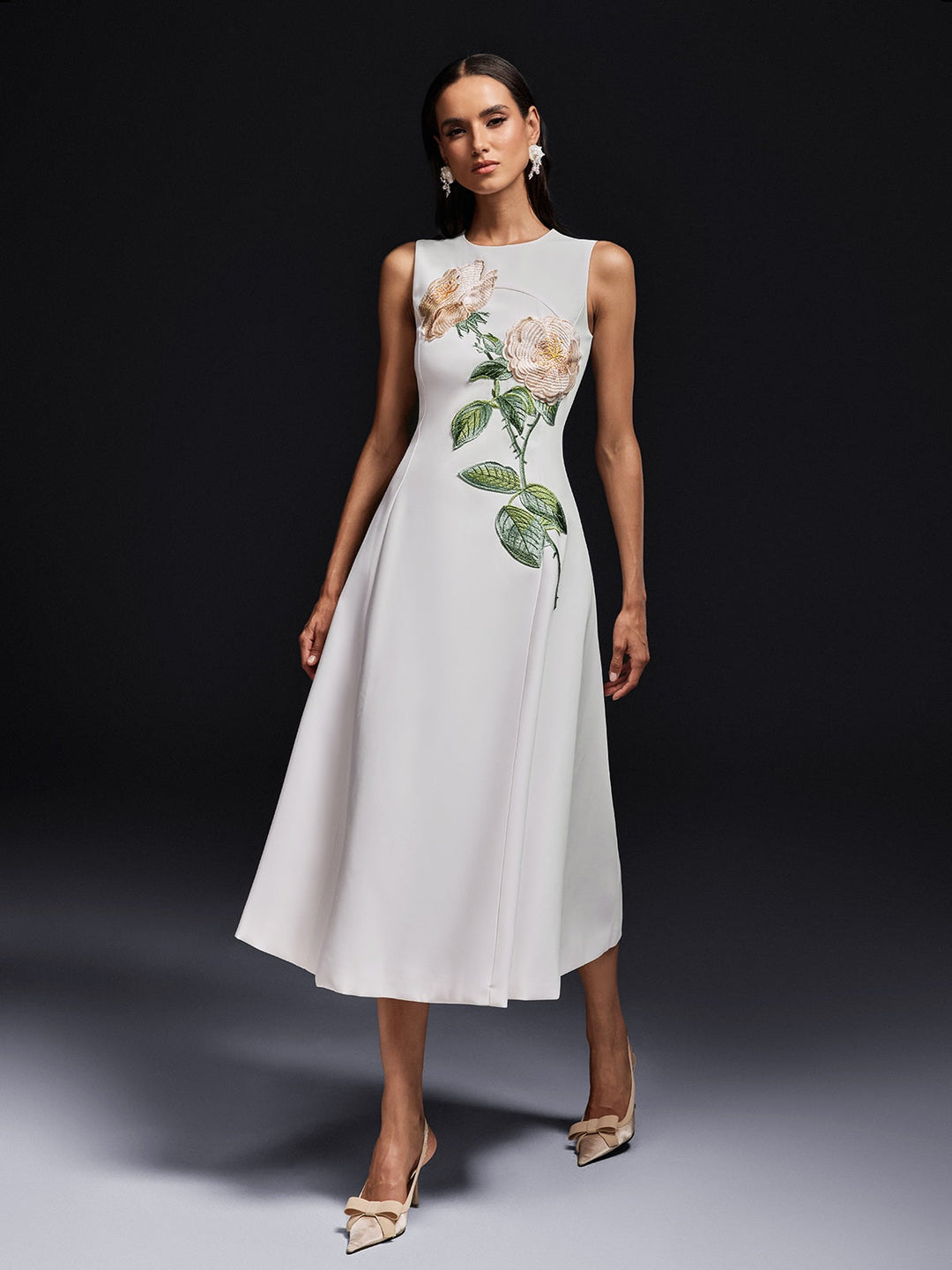 Ogima Sleeveless Flower Embroidered Midi Dress In White