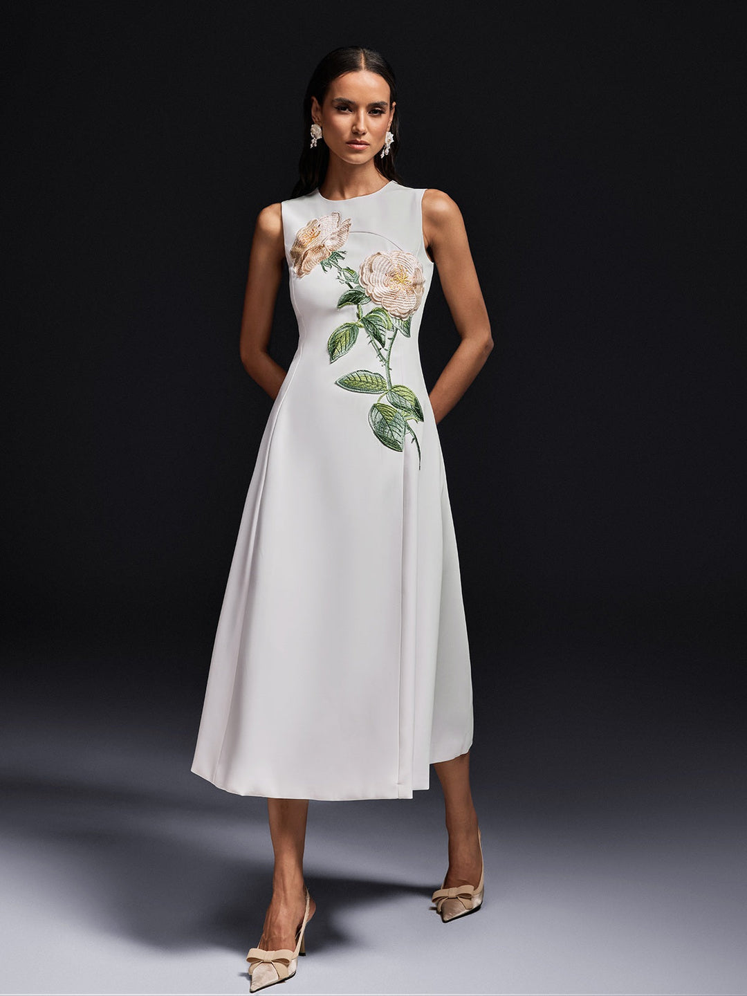 Ogima Sleeveless Flower Embroidered Midi Dress In White