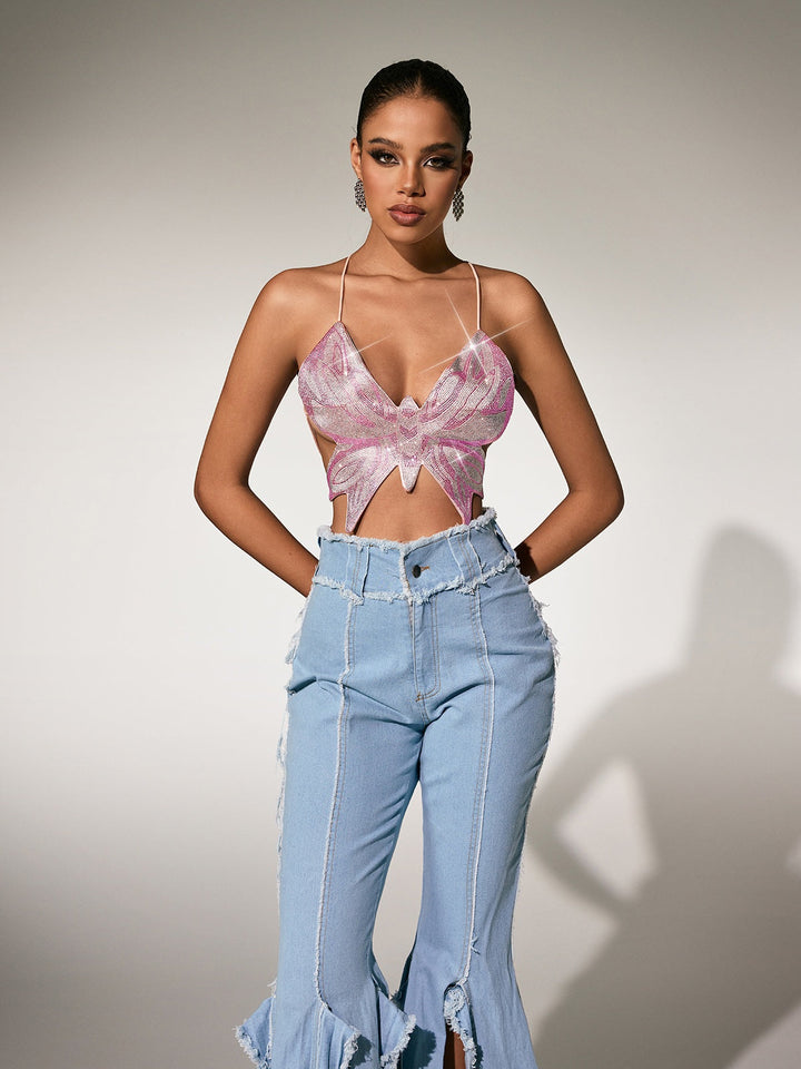 Olthion Tie Up Rhinestone Butterfly Top
