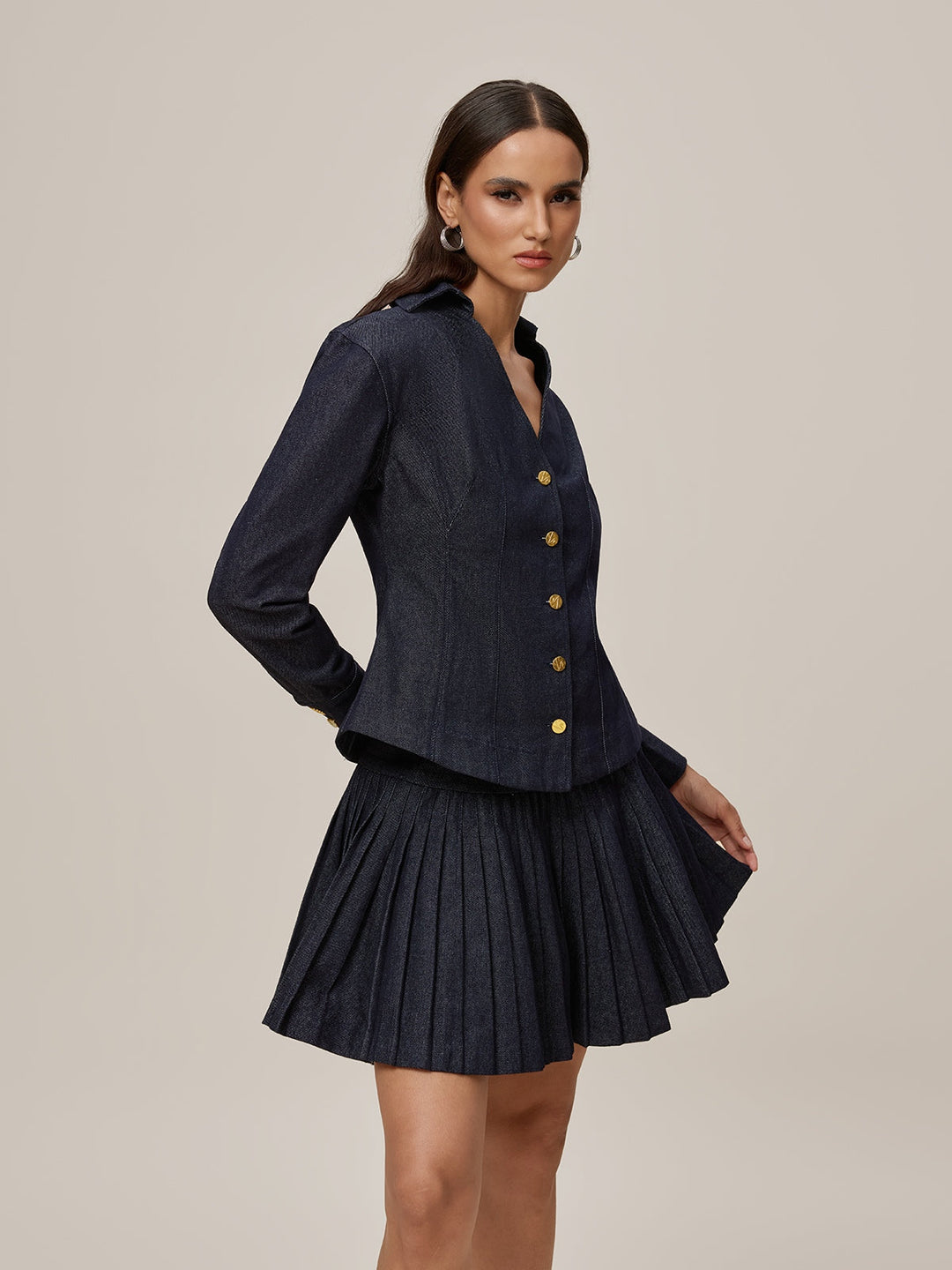 Onaedo V Neck Pleated Denim Skirt Set