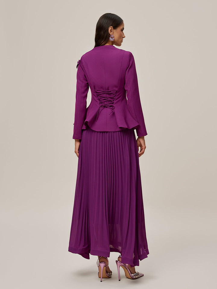 Oraefo V Neck Butterfly Pleated Skirt Set