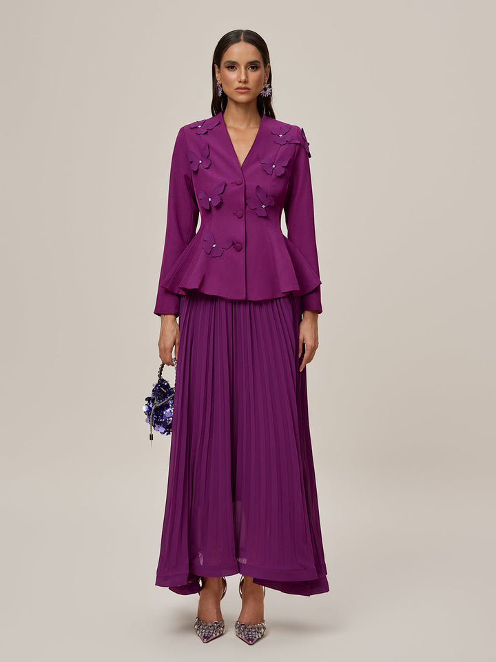 Oraefo V Neck Butterfly Pleated Skirt Set