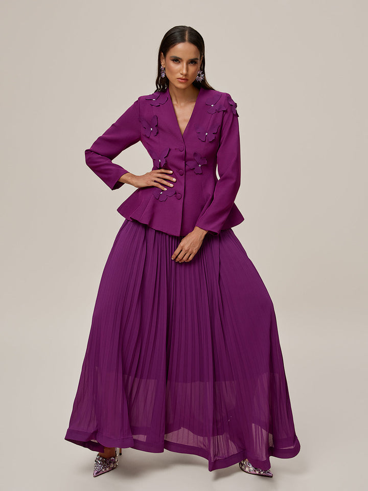 Oraefo V Neck Butterfly Pleated Skirt Set