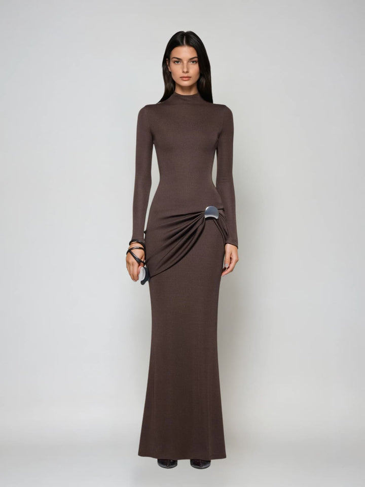 Paeltrix Long Sleeve Ruched Maxi Dress In Brown